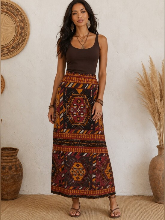 Vintage Dresses & Skirts - Boho Tribal Print Maxi Skirt | Southwestern Granola Girl Cottage Core Size Large